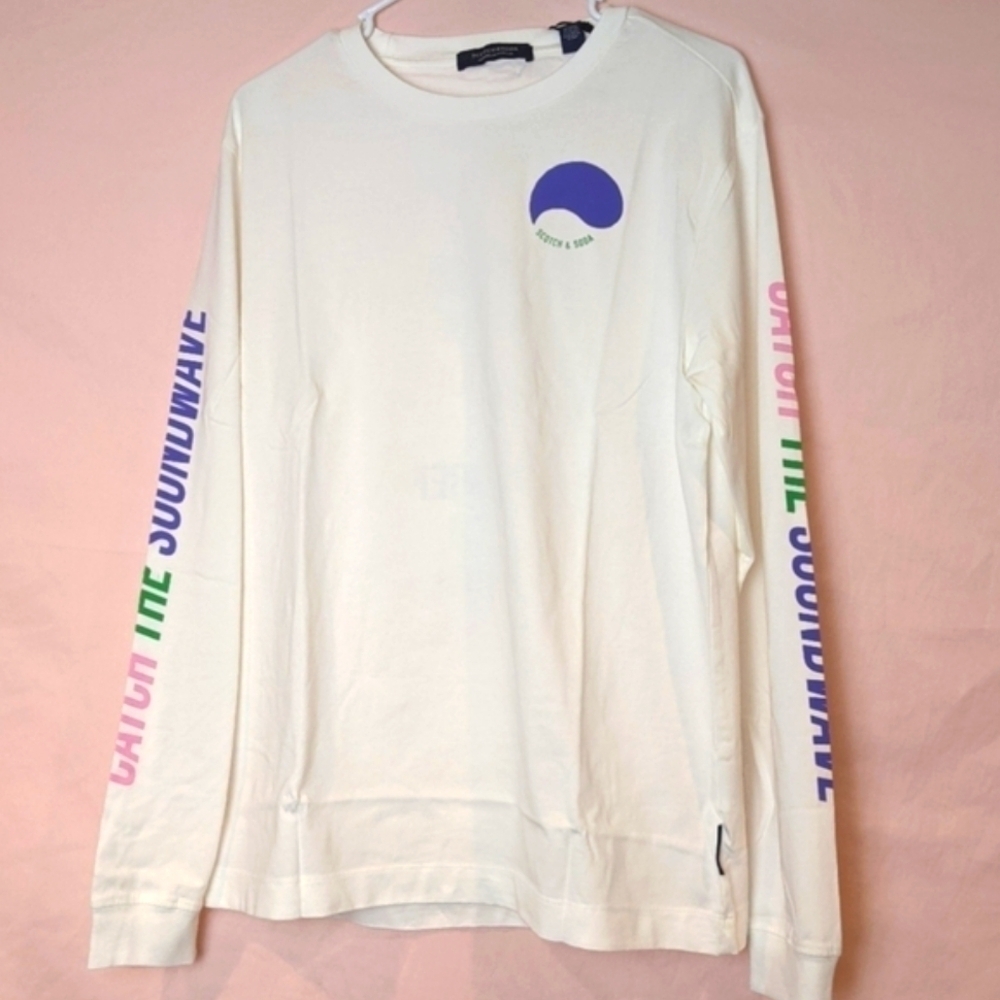 Scotch & Soda 100% Cotton Catch the Soundwave Long Sleeve Vacation Tee in White